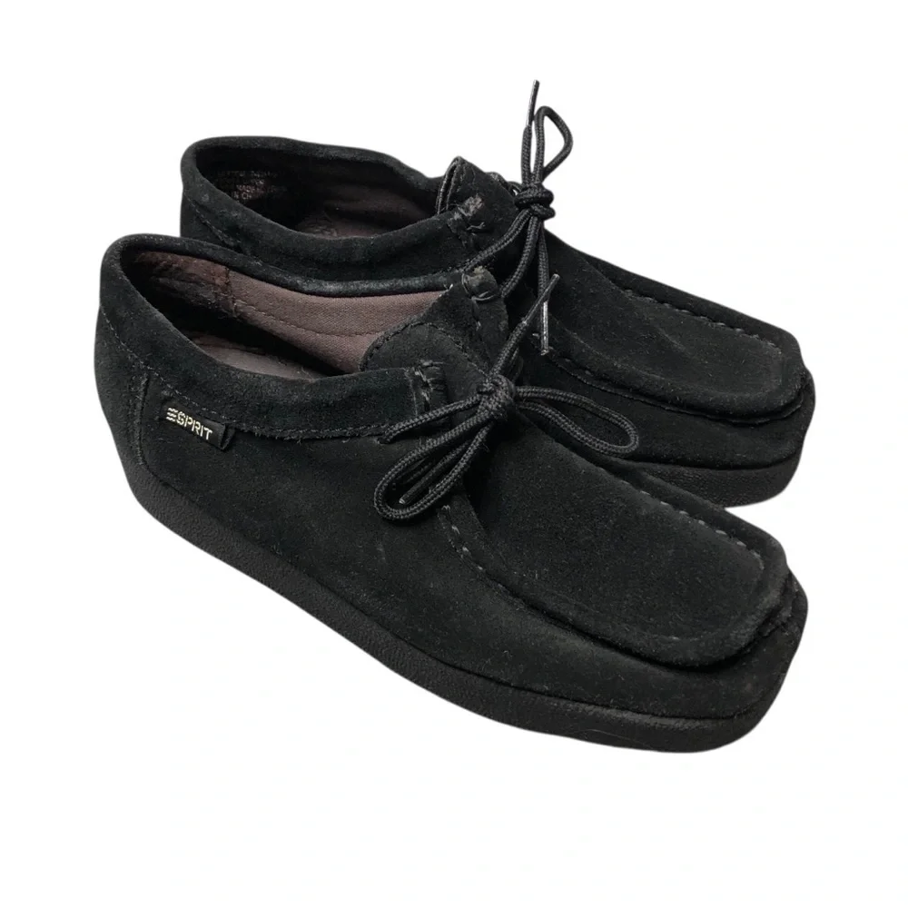 Vtg 90's Y2K Esprit Suede Loafer Black Platform Square Toe Sz 6.5 Retro Grunge
